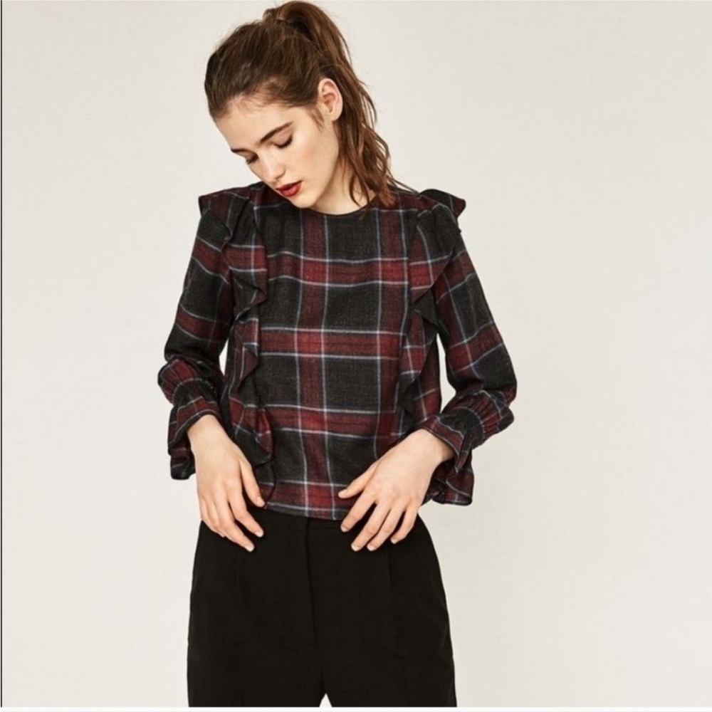 Zara Womens Plaid Ruffle Front Long Sleeve Cropped Top